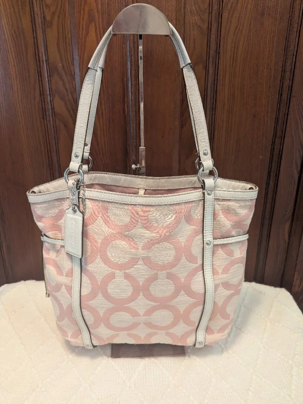 Coach Audrey Op Art Shantung Signature Pink & White Tote Crossbody 19572